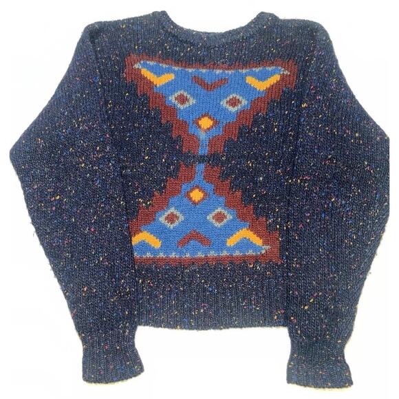 Geometric Rainbow Speckled Navy Blue Wool Sweater - Picture 4 of 15